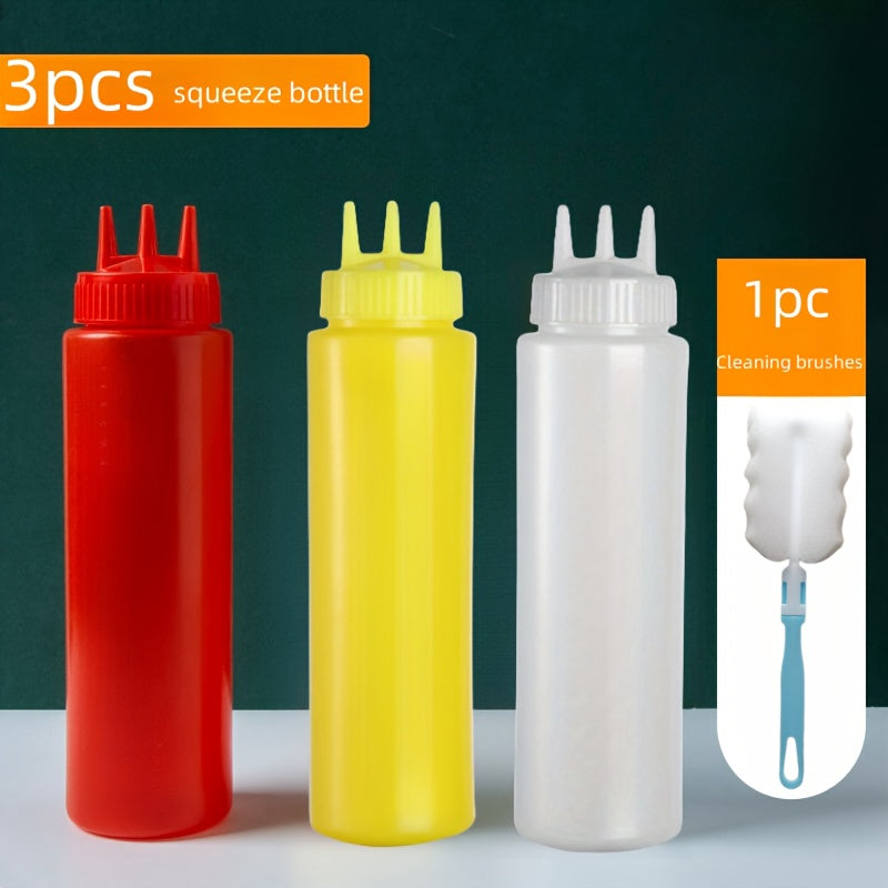 Juego de 4 botellas exprimidoras de condimentos con cepillo de limpieza - Plástico libre de BPA, redondas, fáciles de lavar a mano - Elementos esenciales de cocina para ensaladas, barbacoas, horneado, asados, picnic - 3 botellas dispensadoras con boquill