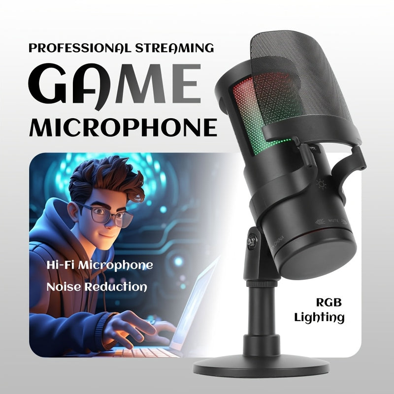Micrófono USB Plug & Play de 1 pieza con Luces RGB, Control de Volumen, Función Silenciosa, Conector USB-C, Cuerpo de Resina ABS, para Karaoke, Transmisión en Vivo, Juegos, Videollamadas, , LMGBM
