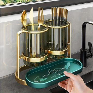 Organizador de Utensilios Moderno de Plástico con Compartimentos Dobles y Estante Secador - Soporte Multinivel para Cuchillos, Tenedores y Cucharas, Almacenamiento Resistente a la Humedad para Esenciales de Cocina
