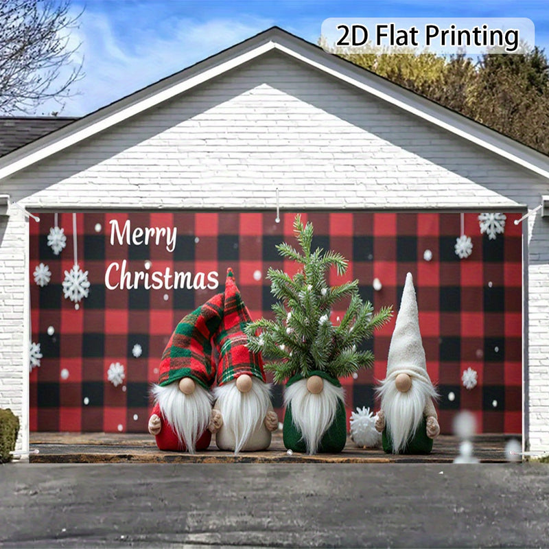 2D Banner de Puerta, 1 Pieza, Banner de Puerta de Navidad Festiva con Gnomos y Árboles - Poliéster, Cuadros Rojos y Negros con Copos de Nieve, Perfecto para Decoración de Vacaciones, Bodas y Celebraciones al Aire Libre, Decoraciones de Navidad con Gnomos