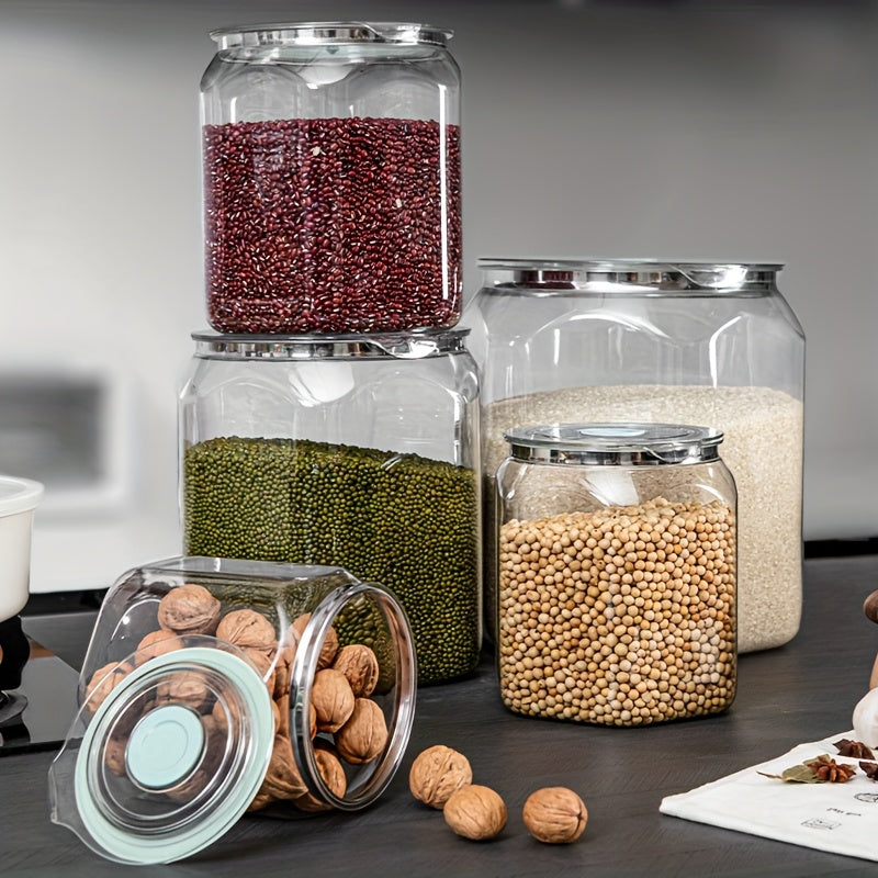 Tarros Herméticos de Plástico PET Transparente para Alimentos con Tapas Abatibles - Contenedores Reutilizables Cuadrados para Granos, Frutos Secos y Snacks - Organización Duradera en la Despensa