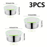 Juego de 3 Recipientes para Alimentos de Acero Inoxidable, Tazón Hermético con Tapa, Caja Redonda para Preparación de Comidas, Contenedor Sellado para Horno y Congelador, Reutilizable, Ideal para Loncheras y Meriendas en Casa