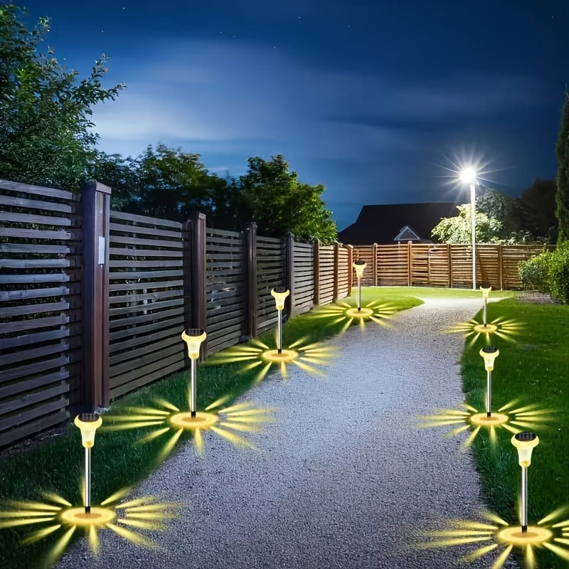 2 luces solares LED para jardín, lámpara de palo de acero inoxidable para exteriores, iluminación decorativa impermeable para patio, césped, sendero, terraza, garaje, fiesta de vacaciones, decoración de sendero de jardín, carga solar, montaje semienterra