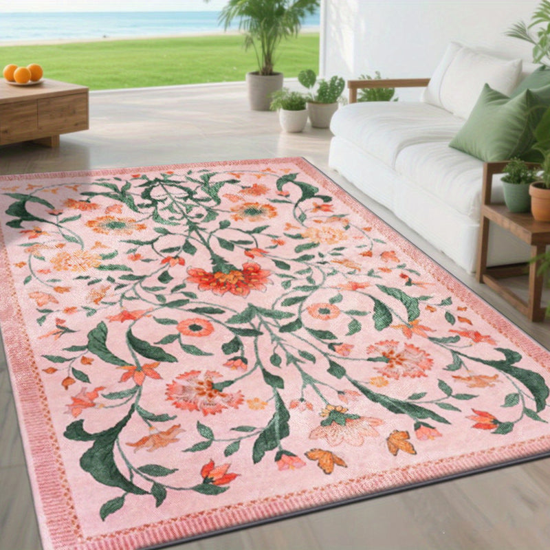 Alfombrilla de exteriores con estampado floral ZULIDA - Ligera, fácil de limpiar, poliéster, diseño rectangular para jardín, patio, acampada en RV, patio trasero y picnic - Patrón floral vibrante rosa y verde, lavable a máquina, varios tamaños disponible