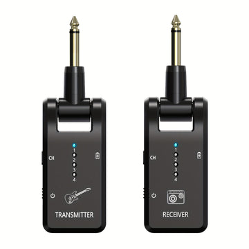 Sistema de guitarra inalámbrico de 2,4 GHz, receptor de audio recargable de 8 canales con carga USB-C, baja latencia para guitarra eléctrica, bajo y más, incluye amplificador, micrófono y accesorios para bajo y guitarra.