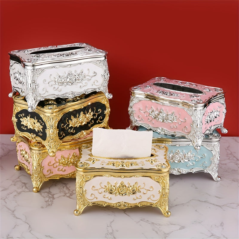1 unidad Estilo europeo vintage Cubierta de caja de pañuelos de acrílico, Porta pañuelos de plástico rectangular con talla de rosas, Organizador de ahorro de espacio para hogar, oficina, cocina, baño, decoración de dormitorio