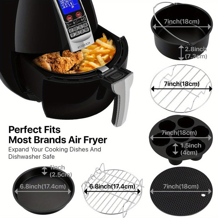 Kit de Accesorios para Freidora de Aire (para 3.7-5.8QT) - Incluye Bandeja Antiadherente de Pizza de 17.78cm, Molde para Pastel, Parrilla y Moldes de Silicona de 7 Cavidades - Aptos para Lavavajillas - Libro de Recetas Incluido - Herramientas para Hornea