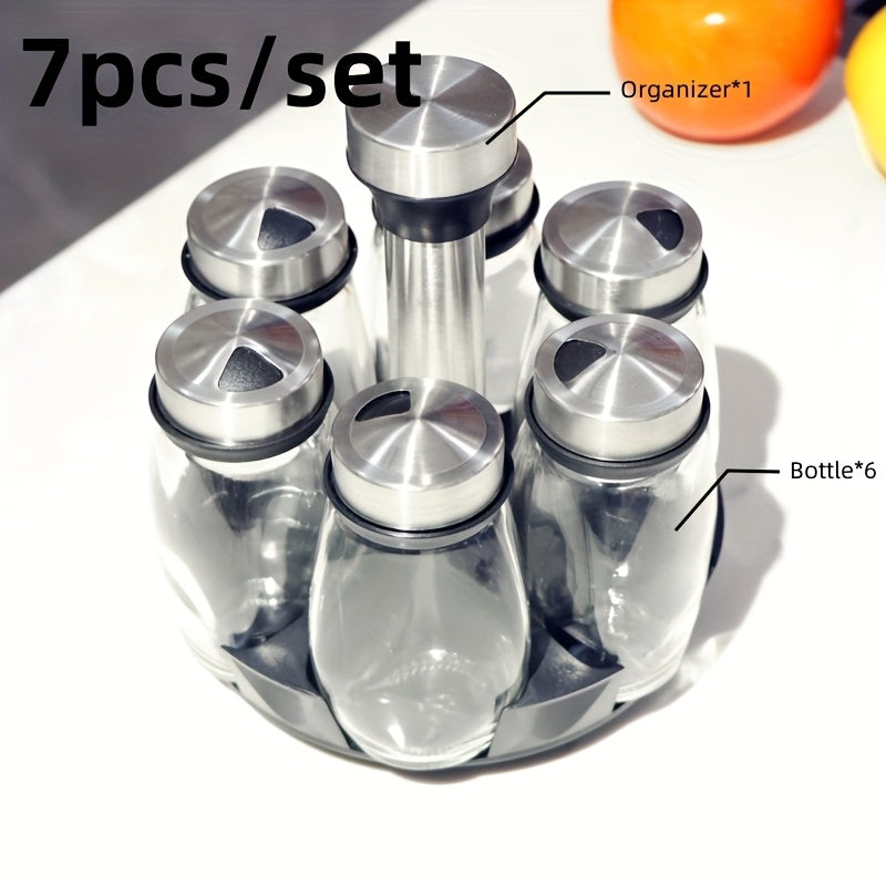Juego de 7 frascos para especias con organizador giratorio, salero, frascos multiusos para cocina, frascos de vidrio, almacenaje a prueba de humedad - Ideal para organizar y almacenar en la cocina