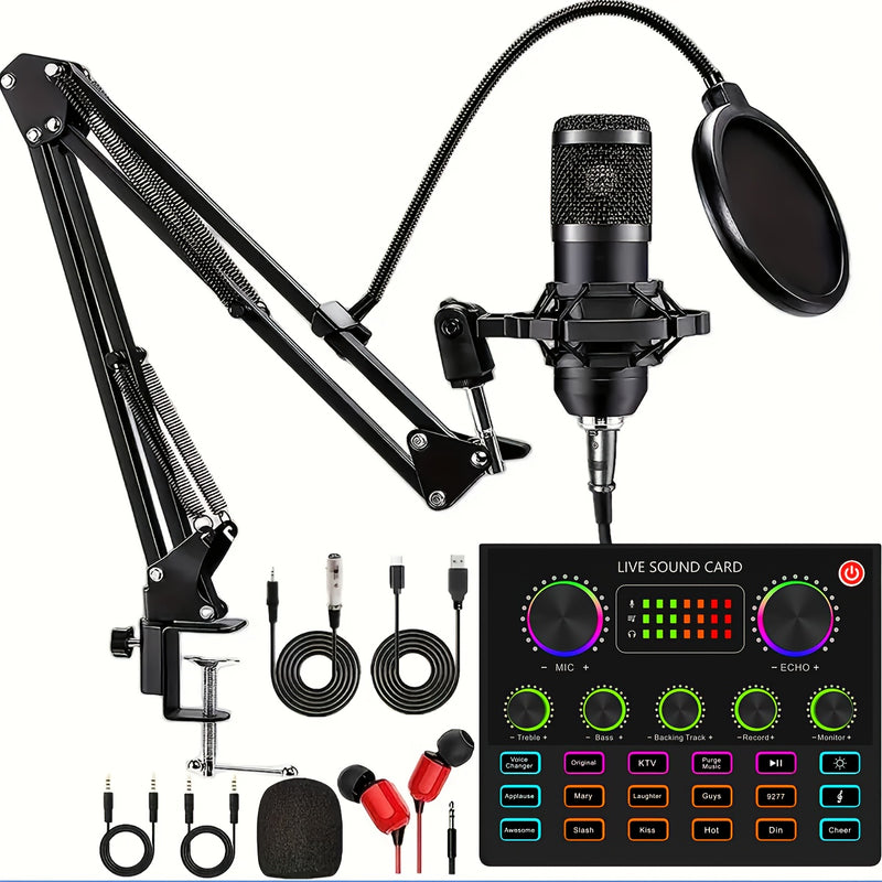 Kit de Podcasting Premium: Micrófono Condensador BM800, Tarjeta de Sonido V8 y Cambiador de Voz - Perfecto para Grabación de Alta Fidelidad, Canto, Streaming y Juegos, Paquete de Estudio Profesional, Audio Cristalino