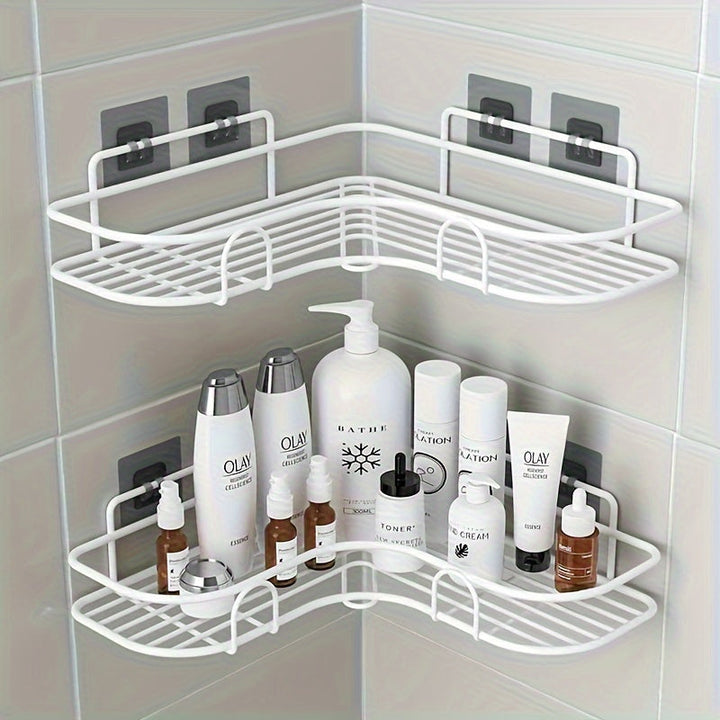 1pc Estante de Esquina Metálico Blanco Ahorrador de Espacio - Sin Taladro, Organizador de Pared para Baño y Cocina para Champú, Productos de Cuidado de la Piel y Más, Ideal para Uso Doméstico y Hotelero, Organizadores y Almacenamiento de Baño