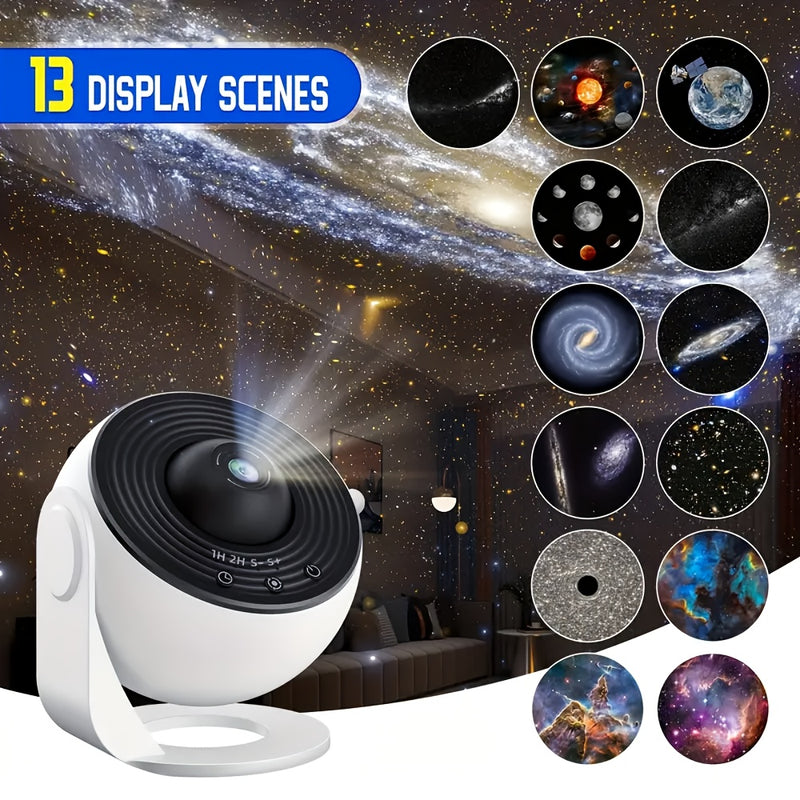 Proyector Planetario de 13 Piezas con Puerto USB, Rotación 360° y Temporizador de 1/2 Horas - Luz Nocturna Moderna con Efecto Aurora y Controles Simples de 3 Botones para Constelaciones y Planetas, Regalo Perfecto para Adolescentes y Adultos