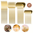 24 piezas de cubertería de acero inoxidable en dorado, con estilo elegante portugués, adecuado para 6 personas, incluye cuchillos para bistecs portugueses, tenedores, cucharas y cucharitas, juego de cubertería de acero inoxidable dorado de lujo, ideal pa