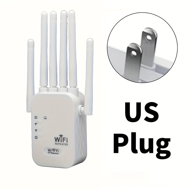 [2D Plano] Amplificador de señal WiFi, Repetidor WiFi, Compatible con WIFI6, Equipado con un puerto Ethernet, Con 6 antenas para cobertura de 360°, Alcanzando hasta 11,000 pies cuadrados, Adecuado para más de 35 dispositivos, Y puede configurarse con sol