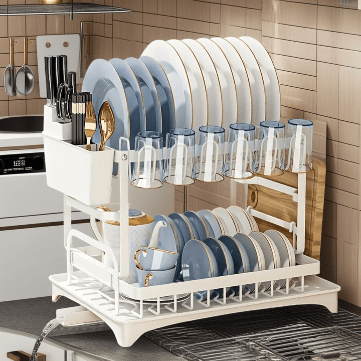 Estante de drenaje de alta resistencia: Hecho de acero de carbono de doble capa (con tablero de drenaje) | Ranura para cuchillos + soporte para cucharas y tenedores - Resistente a la herrumbre y fácil de limpiar, adecuado para todas las cuatro estaciones.