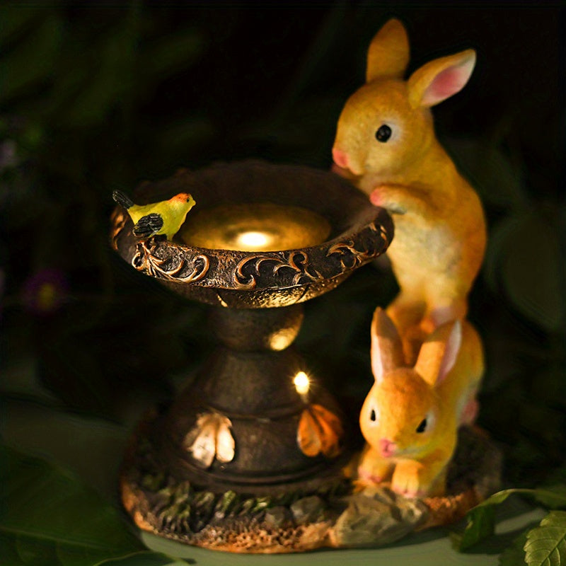 Lámpara solar exterior creativa con adorno de doble conejo bebiendo, hecha de resina, perfecta para iluminación de jardín y patio. Ideal para porche, jardín y decoración de jardinería, es un gran regalo para mujeres y abuelas. Esta estatua de resina para