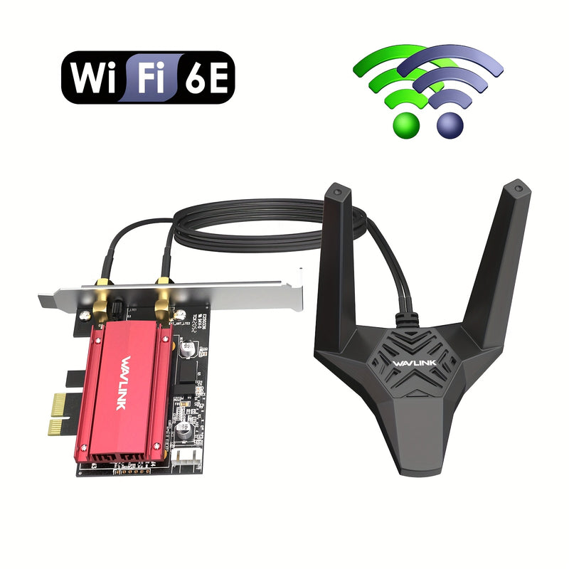Adaptador WAVLINK AX5400 WiFi 6E PCIe con Tarjeta Inalámbrica Tri-Banda AX210, MU-MIMO, WPA3, OFDMA, Soporte de Bajo Perfil y Disipador de Calor para Windows 10/11, Linux - Alta Velocidad 2.4GHz/5GHz/6GHz, Antena Dual, 1024QAM, Compatible con Ranuras X1/