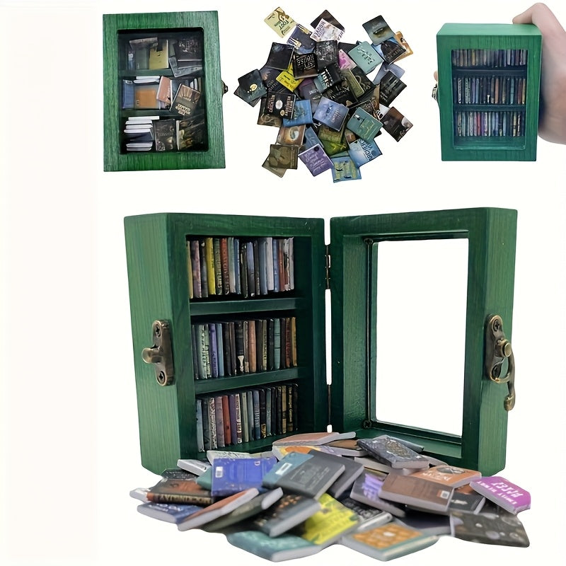 Conjunto de estantería en miniatura encantadora de 1 pieza con 60 libros de madera falsa - perfecto para la decoración del dormitorio y regalos navideños, incluyendo elegantes estantes de exhibición, tranquilidad y sofisticación