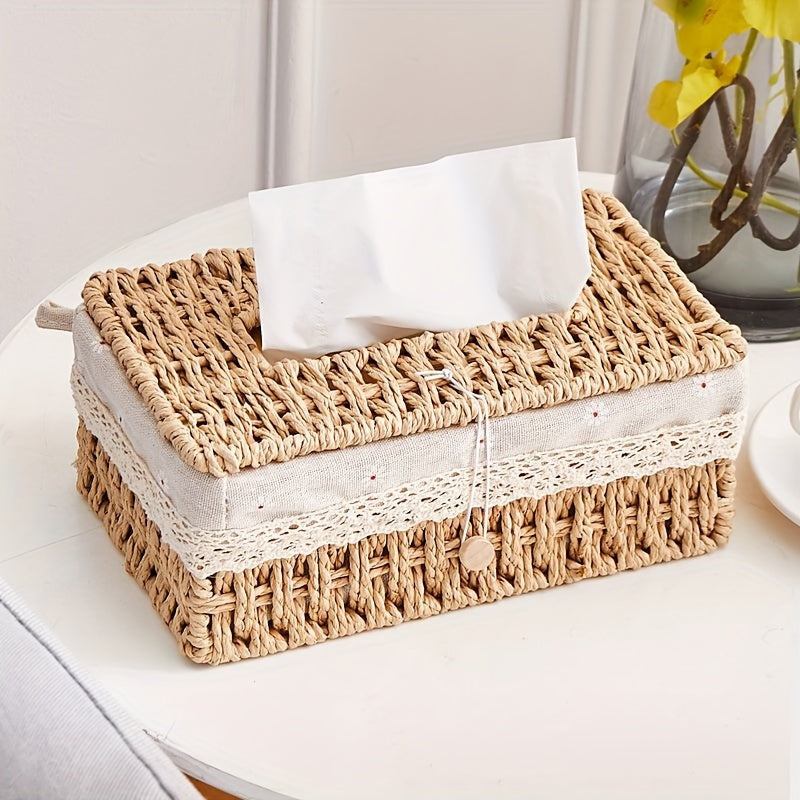 Cubierta de Estilo Vintage para Caja de Pañuelos Tejida con Tapa - Organizador de Almacenamiento de Cuerda de Papel Duradero para Decoración del Hogar, Ganchos de Utilidad