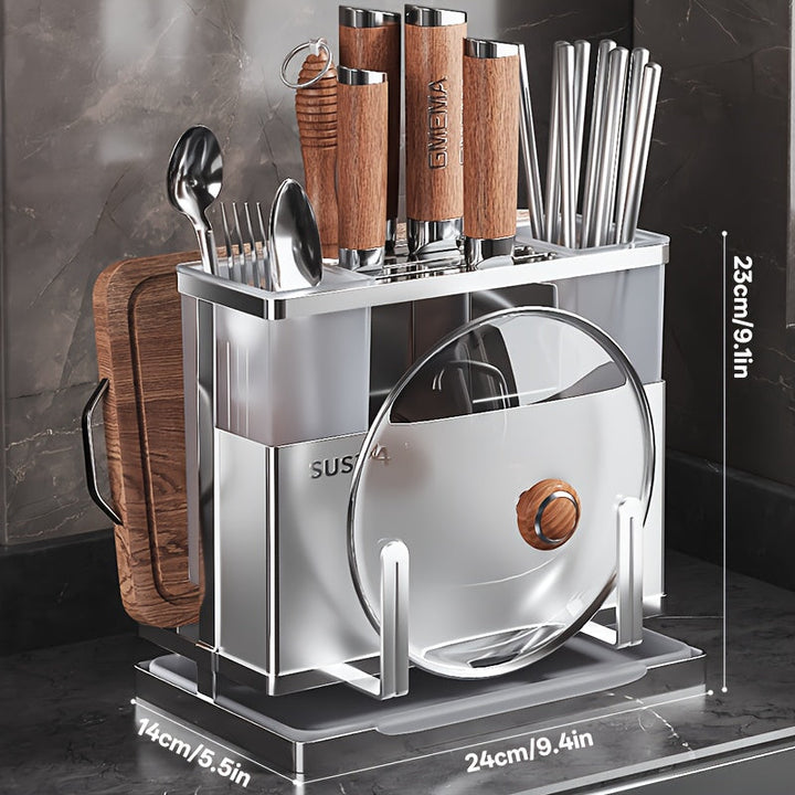 1pieza Porta cuchillos de acero inoxidable con bandeja de drenaje, estantería de almacenamiento de cocina de escritorio, tablero de corte multifuncional para cuchillo, tenedor y organizador de utensilios, resistente a la corrosión y ahorrador de espacio