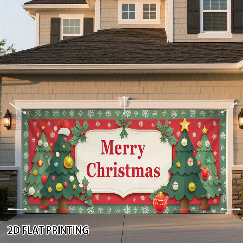 2D Banner de Puerta, 1 Pieza, Banner de Puerta Navideño Festivo - Diseño de Alce Rojo y Verde con Copos de Nieve, Texto "Feliz Navidad", Poliéster, Ideal para Decoraciones Navideñas, Jardín al Aire Libre y Fondos de Fiestas, Decoraciones Navideñas