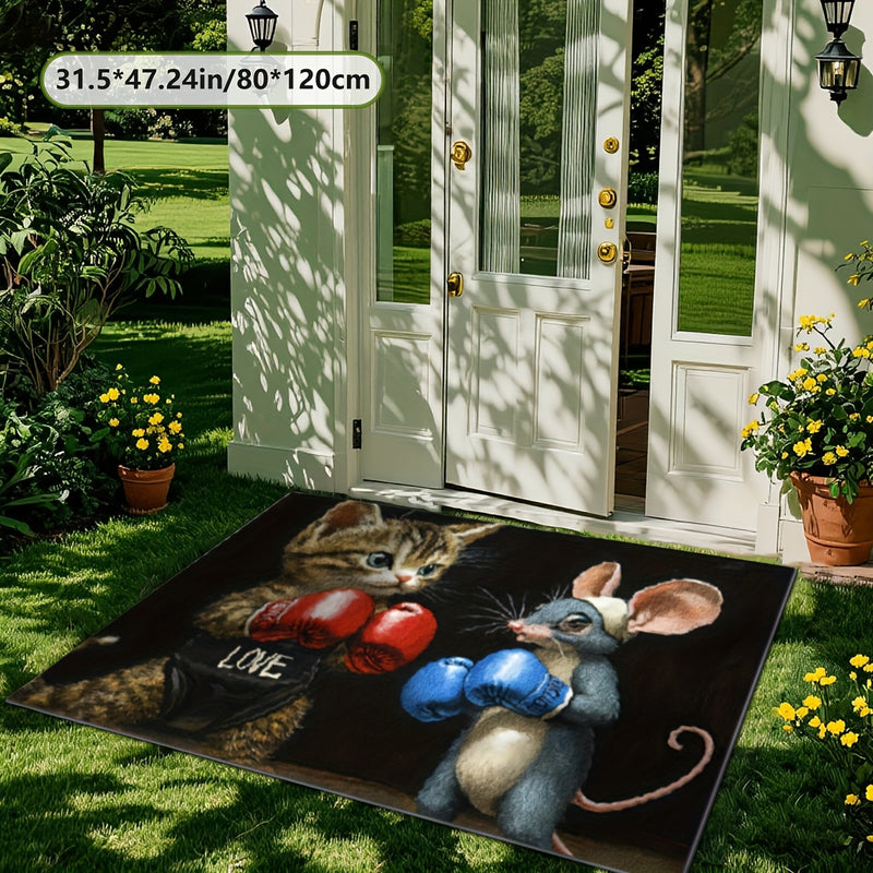 Este tapete de tesoro impreso en 2D plano presenta un diseño de gato y ratón, perfecto para uso al aire libre. Puede servir como tapete de entrada, tapete de acampada, tapete de patio, tapete de piscina o tapete de garaje. Es adecuado para balcones, pati