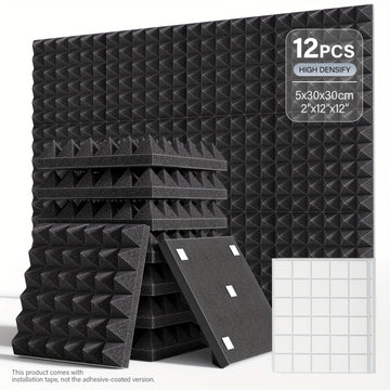 12/24pcs - TMJD MISS Paneles de Espuma Insonorizante en Forma de Pirámide, 5.08x30.48x30.48 cm - Azulejos de Cuña Acústicos de Alta Densidad para Aislamiento de Paredes de Estudio, Negro/Blanco/Gris - Incluye Cinta de Instalación, Aislamiento Acústico de