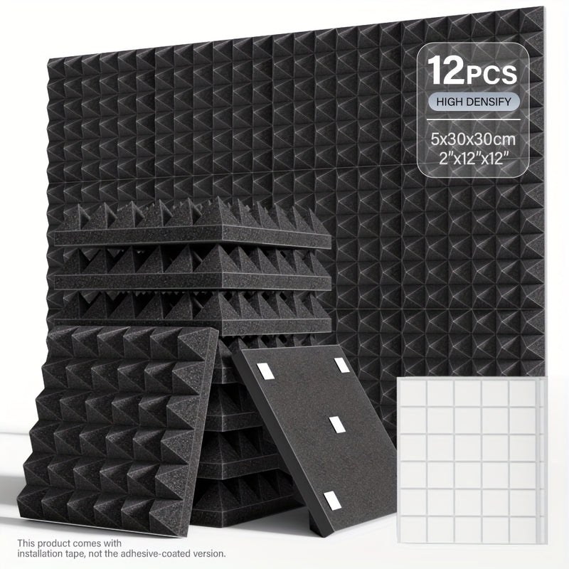 12/24pcs - TMJD MISS Paneles de Espuma Insonorizante en Forma de Pirámide, 5.08x30.48x30.48 cm - Azulejos de Cuña Acústicos de Alta Densidad para Aislamiento de Paredes de Estudio, Negro/Blanco/Gris - Incluye Cinta de Instalación, Aislamiento Acústico de