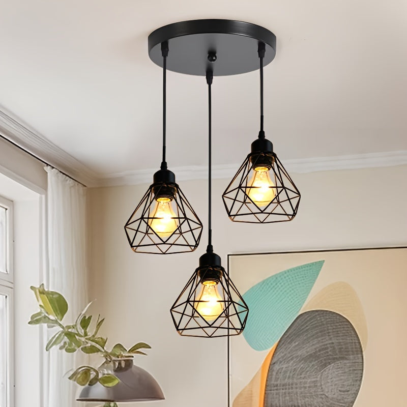 1pc Lámpara Colgante de 3 Luces de Inspiración Industrial, Base E27, Metal Negro con Diseño de Jaula Geométrica - Ideal para Cocina, Comedor, Bar, Iluminación de Dormitorio (Bombillas No Incluidas), Decoración de Cocina