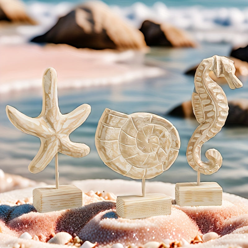 Conjunto de 3 Piezas de Estatuas de Madera Hechas a Mano al Estilo Náutico de Playa: Estatuas de Estrella de Mar/Conejo de Mar/Caballito de Mar para Decoración del Hogar