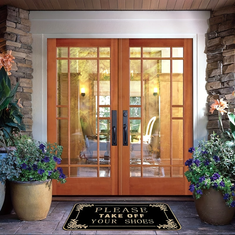 1pc, "Por favor, quita tus zapatos" Alfombra de bienvenida, alfombrilla de poliéster antideslizante, respaldo de PVC rectangular, decoración para la puerta principal, cocina, jardín, patio, porche, lavable en máquina