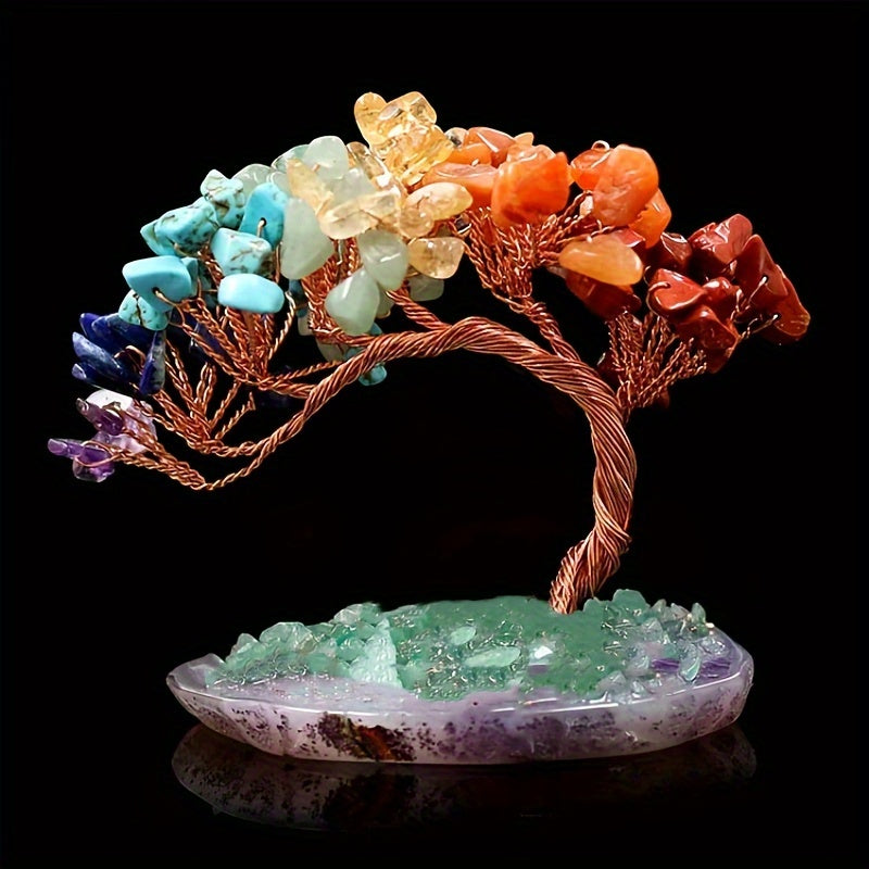Árbol de Dinero de Cristal de 7 Chakras con Base de Ágata - Decoración Natural de Reiki y Buena Suerte para el Hogar, Oficina y Sala de Estar