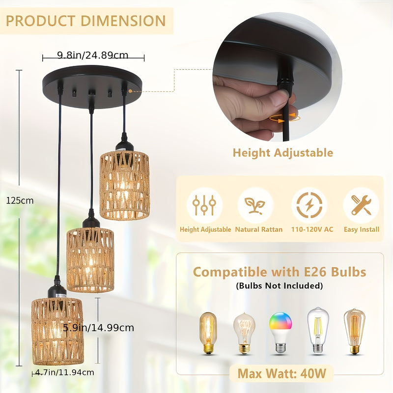 Candelabro de 3 luces estilo bohemio - Sombrilla de ratán tejida a mano, base E27, perfecto para comedor de granja, isla de cocina, sala de estar y decoración de dormitorio (luz no incluida) - Montaje semienterrado, montaje regular