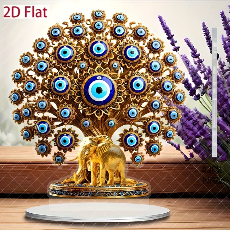 Decoración de Escritorio Estilo Bohemio en Acrílico con Ojo Turco Plano 2D - Símbolo Protector Religioso con Diseño Intrincado Azul y Dorado, Decoración para Hogar Oficina Jardín Interior/Exterior, Sin Necesidad de Batería, Adorno para Dormitorio Bohemio