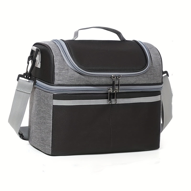 Lonchera térmica de doble capa, no para contacto con alimentos, gran capacidad, con correa para hombro y asa, resistente tela Oxford, ideal para el trabajo y la escuela, negra con detalles a rayas