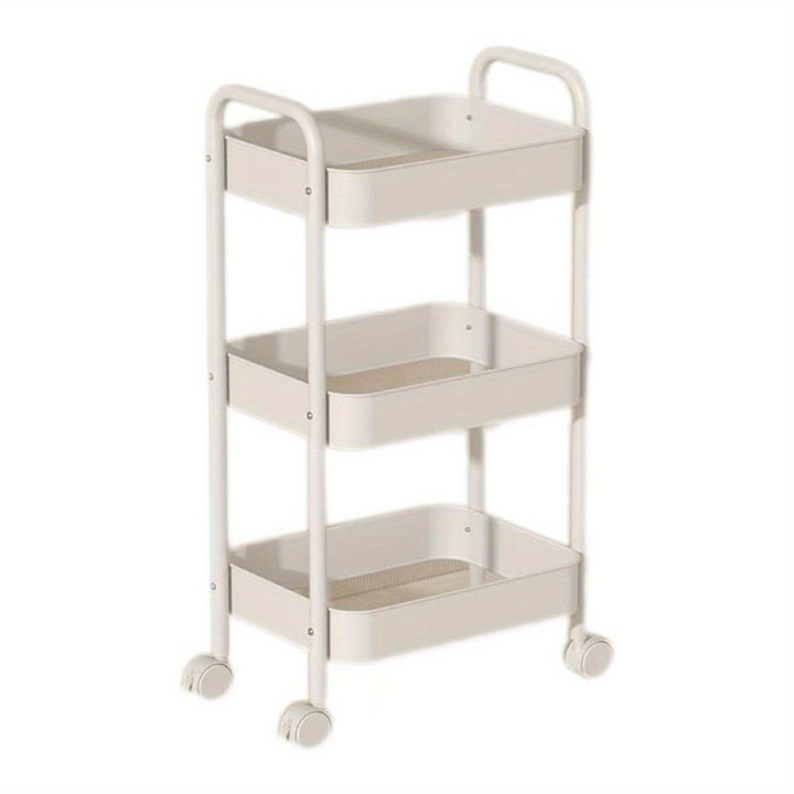 Carrito de almacenamiento de metal de 3 niveles, carrito de cocina rosa con ruedas, estante multifuncional para refrigerios para dormitorio y sala de estar, no requiere energía.