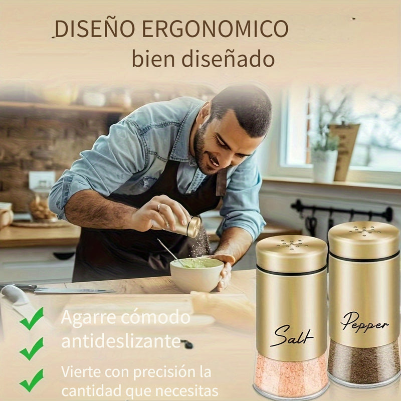 Juego de frascos para sal y pimienta, frascos de vidrio con tapa de acero inoxidable, ideal para cocina, herramientas pequeñas, mesa de cocina, RV, camping y barbacoa, diseño rellenable (2 piezas = 1 juego)