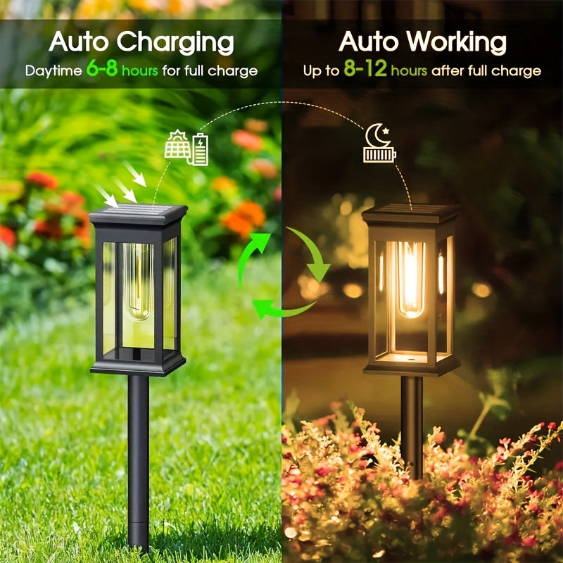 6 piezas, luces solares para senderos, lámpara cuadrada, bombilla de wolframio para decoración de atmósfera al aire libre - Adecuado para villa, jardín, patio, sendero y iluminación de paisaje de patio.