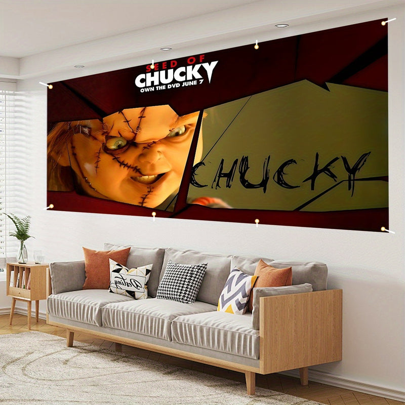 1 pieza - Cartel de puerta de garaje plano de personaje de película de terror clásica de otoño de Halloween 2D, con un patrón de espejo roto de Chucky para fiestas, adecuado para festivales, patio, paredes de fondo interior/exterior, decoración versátil
