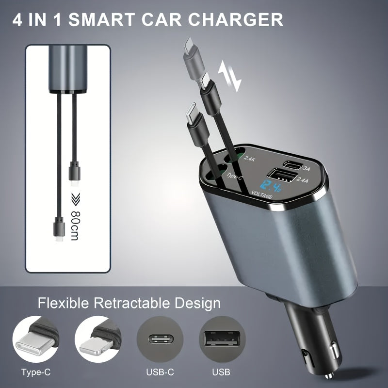 66W de Salida Máxima, Cargador Rápido para Auto con Cable Telescópico y 2 Puertos USB, Compatible con iPhone 15/15 Pro Max/14 Pro Max/13/12/11, Samsung, Xiaomi, Galaxy S23/22, Pixel