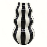 Jarrón de cerámica rústica con rayas, diseño asimétrico en forma de calabaza abstracta, en blanco y negro, decoración para sala, estante o estilo granja, regalo para el Día de la Madre
