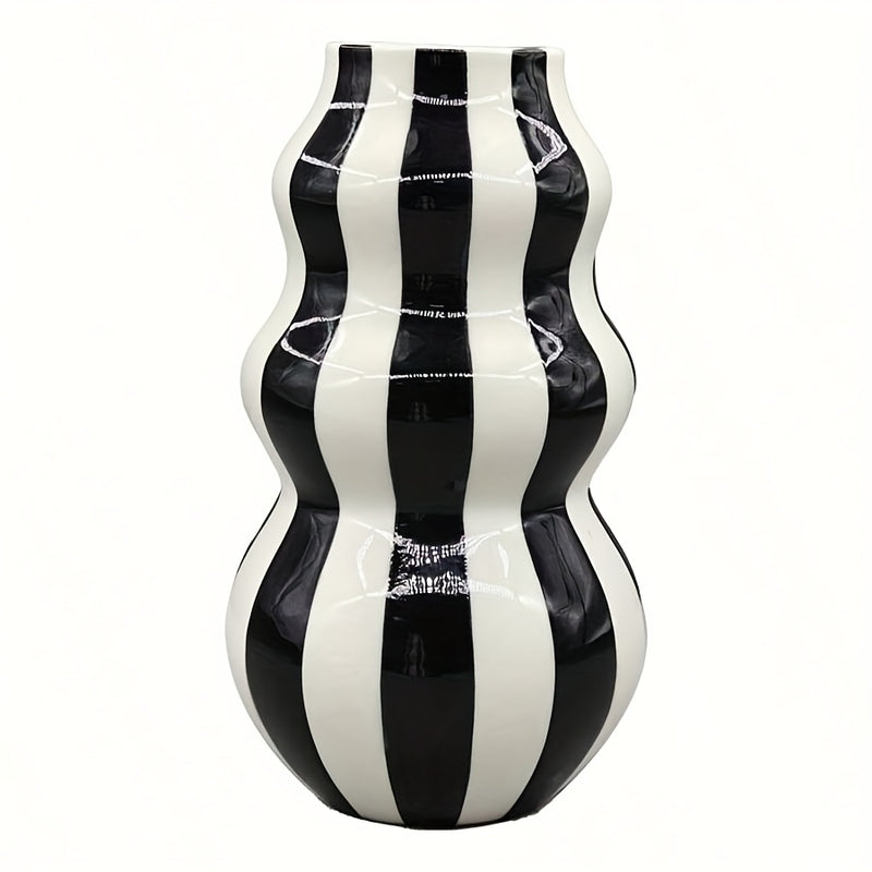 Jarrón de cerámica rústica con rayas, diseño asimétrico en forma de calabaza abstracta, en blanco y negro, decoración para sala, estante o estilo granja, regalo para el Día de la Madre