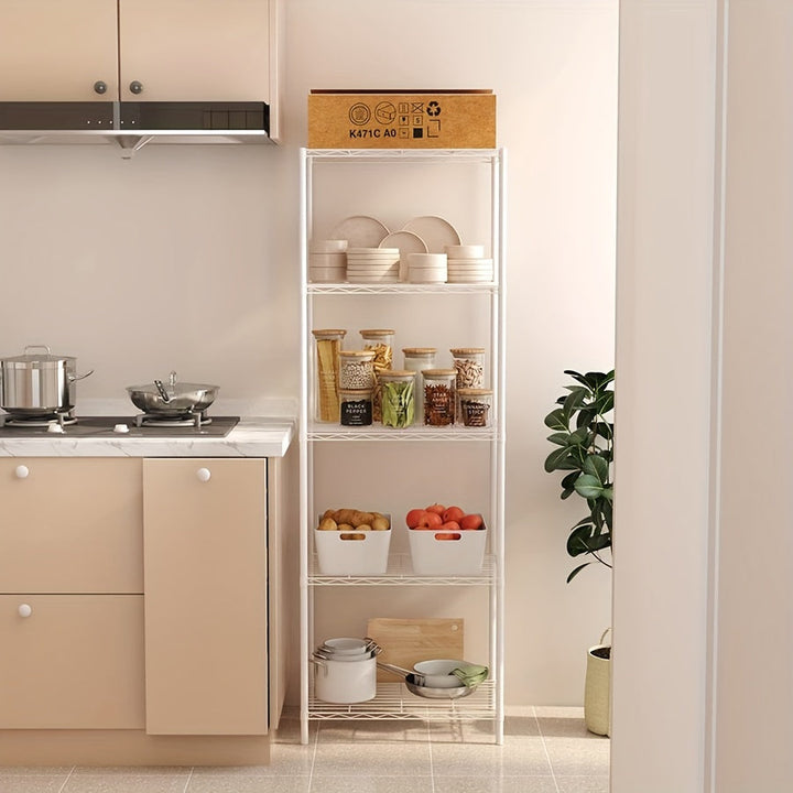 Estante de almacenamiento de metal clásico de 5 niveles, estante organizador de montaje en el piso de almacenamiento abierto para cocina, baño, dormitorio y sala de estar - Isla de almacenamiento estacionaria sin materiales de madera - Uso sin electricid