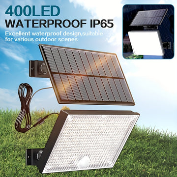 Luz solar para exteriores, lámpara solar con 400 LED, sensor de movimiento, ángulo de iluminación de 120°, luz solar para jardín con cable de 5.03 metros