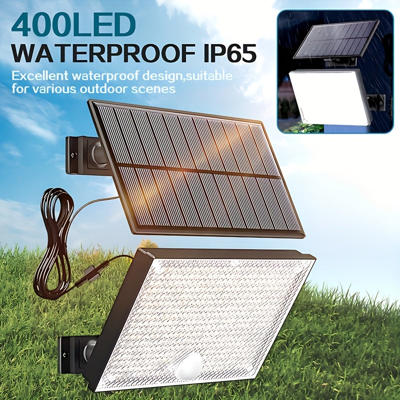 Luz solar para exteriores, lámpara solar con 400 LED, sensor de movimiento, ángulo de iluminación de 120°, luz solar para jardín con cable de 5.03 metros