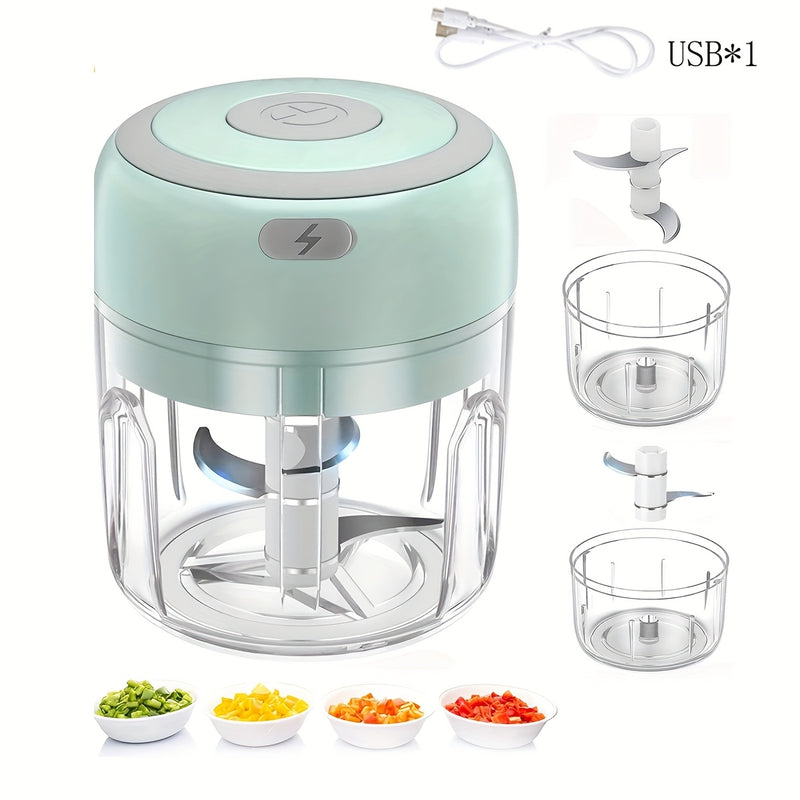 Picadora de ajo eléctrica de 250 ml con 3 cuchillas - Procesador de alimentos portátil recargable por USB para verduras, frutas y carne - Incluye varios accesorios, picadora de verduras | Gadget de cocina moderno | Plástico duradero