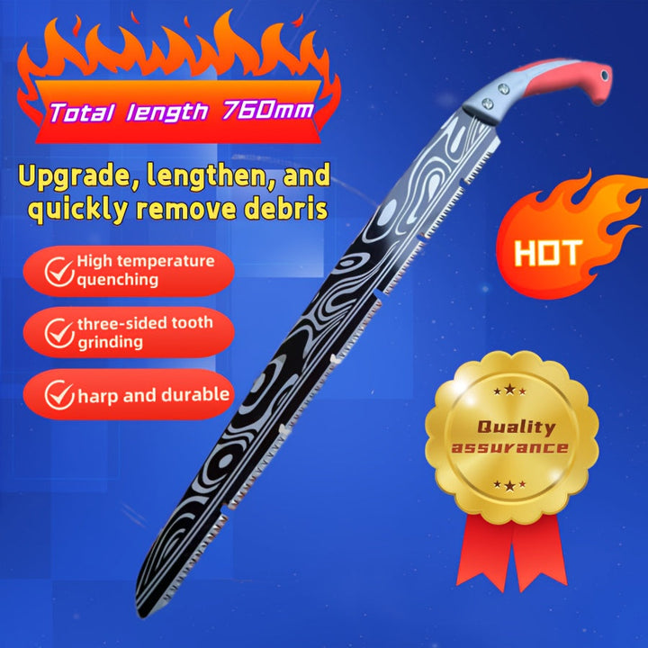 Sierra de Mano Alemana Extra Grande. Fabricada en acero SK5 con patrón Damasco, fácil de usar y eficiente para jardinería al aire libre