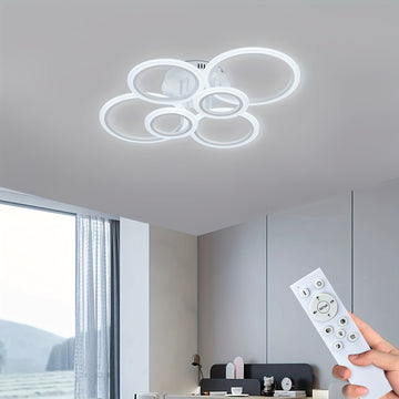 Luz de techo LED de montaje liso con 6 anillos, 78,74 pulgadas, 75 vatios, regulable con control remoto, 3000K-6500K, diseño semi-inmerso de metal para sala de estar, cocina, dormitorio, oficina - MH-YH4, iluminación de oficina | Luz de techo elegante |