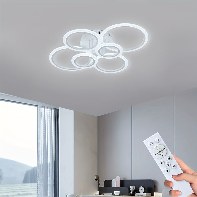 Luz de techo LED de montaje liso con 6 anillos, 78,74 pulgadas, 75 vatios, regulable con control remoto, 3000K-6500K, diseño semi-inmerso de metal para sala de estar, cocina, dormitorio, oficina - MH-YH4, iluminación de oficina | Luz de techo elegante |
