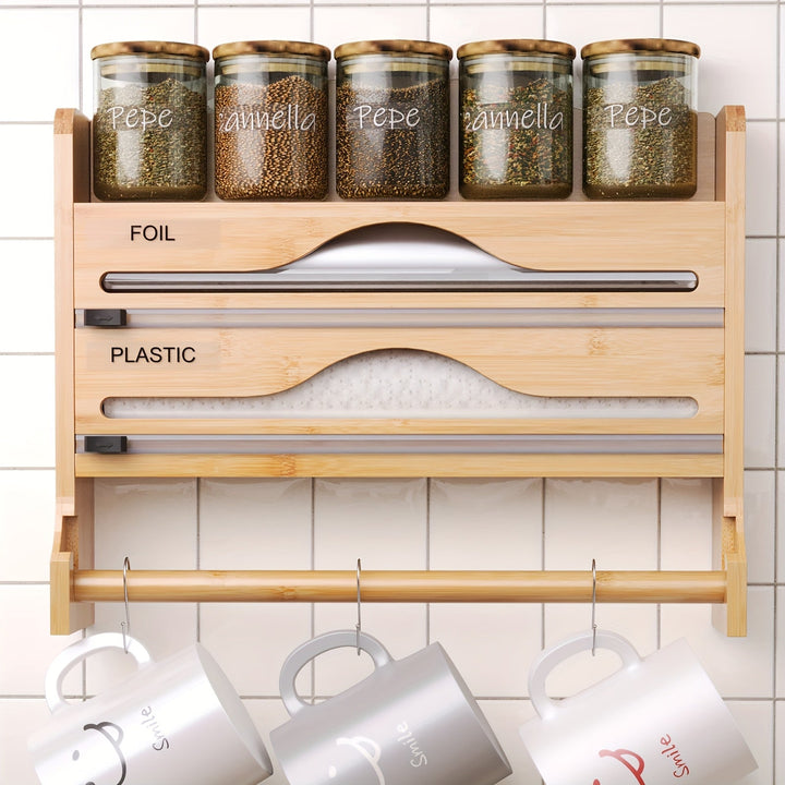 Un cortador de plástico de cocina con soporte para papel toalla, hecho de bambú, sirve como estante de almacenamiento para papel de cocina y papel de aluminio, con dos compartimentos para cortar.