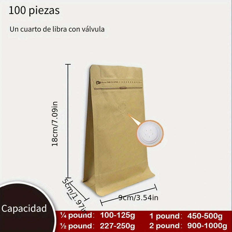 100 piezas Bolsa de Café Kraft con Válvula Unidireccional y Sellado Automático para Granos de Café, Frutos Secos y Semillas, Hojas de Té